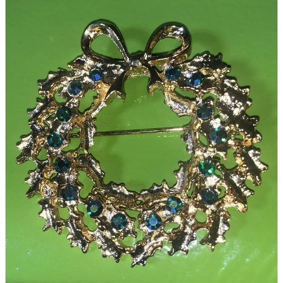 ART BLUE COLOR STONES CHRISTMAS BROOCH GOLD TONE - Picture 2 of 4